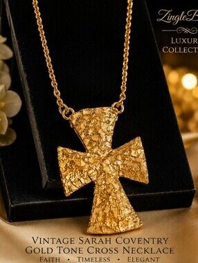 Vintage Sarah Coventry Gold Tone Cross Necklace 23 Inch Textured Nugget Pendant